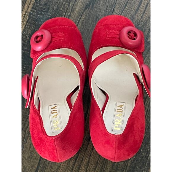 Prada Red Suede Button Mary Jane Pumps 6.5 - Picture 12 of 13